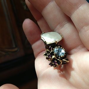 14k gold dipped 925 sterling silver oxidized coin pearl amethyst blue topaz ring